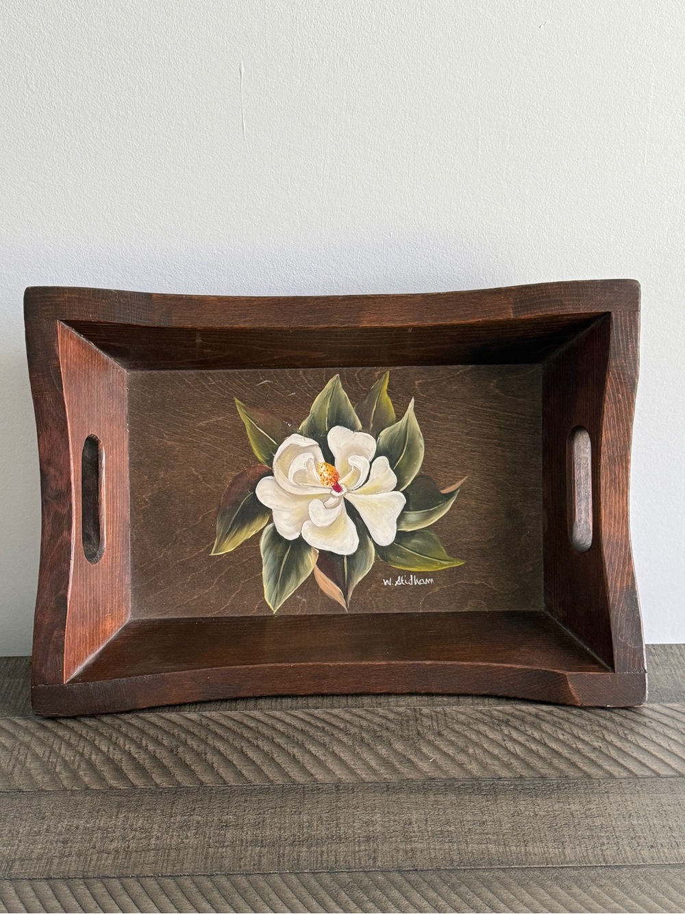 Hand-Painted Wooden Serving Tray with White Magnolia